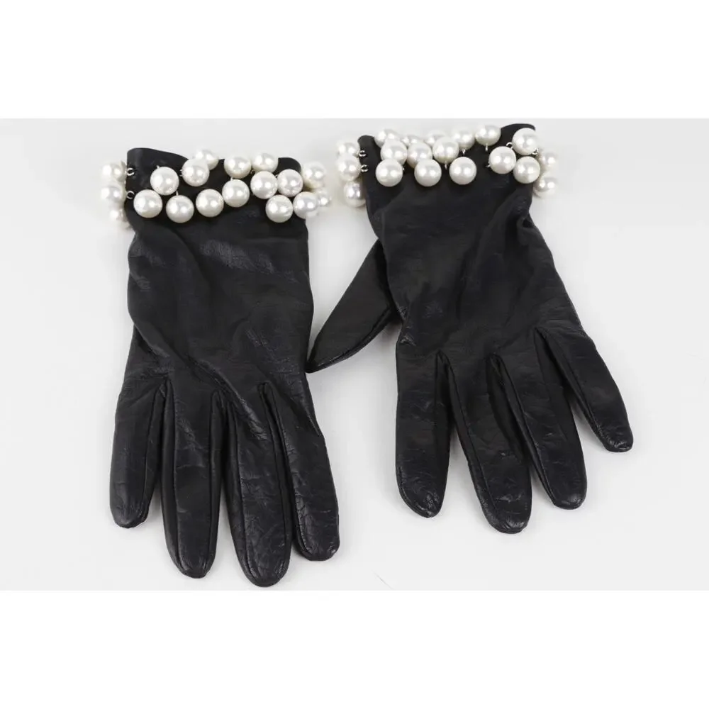Tally B. Vintage Black Leather Triple Pearl Bead Fringe Gloves Silk Lined Size 8